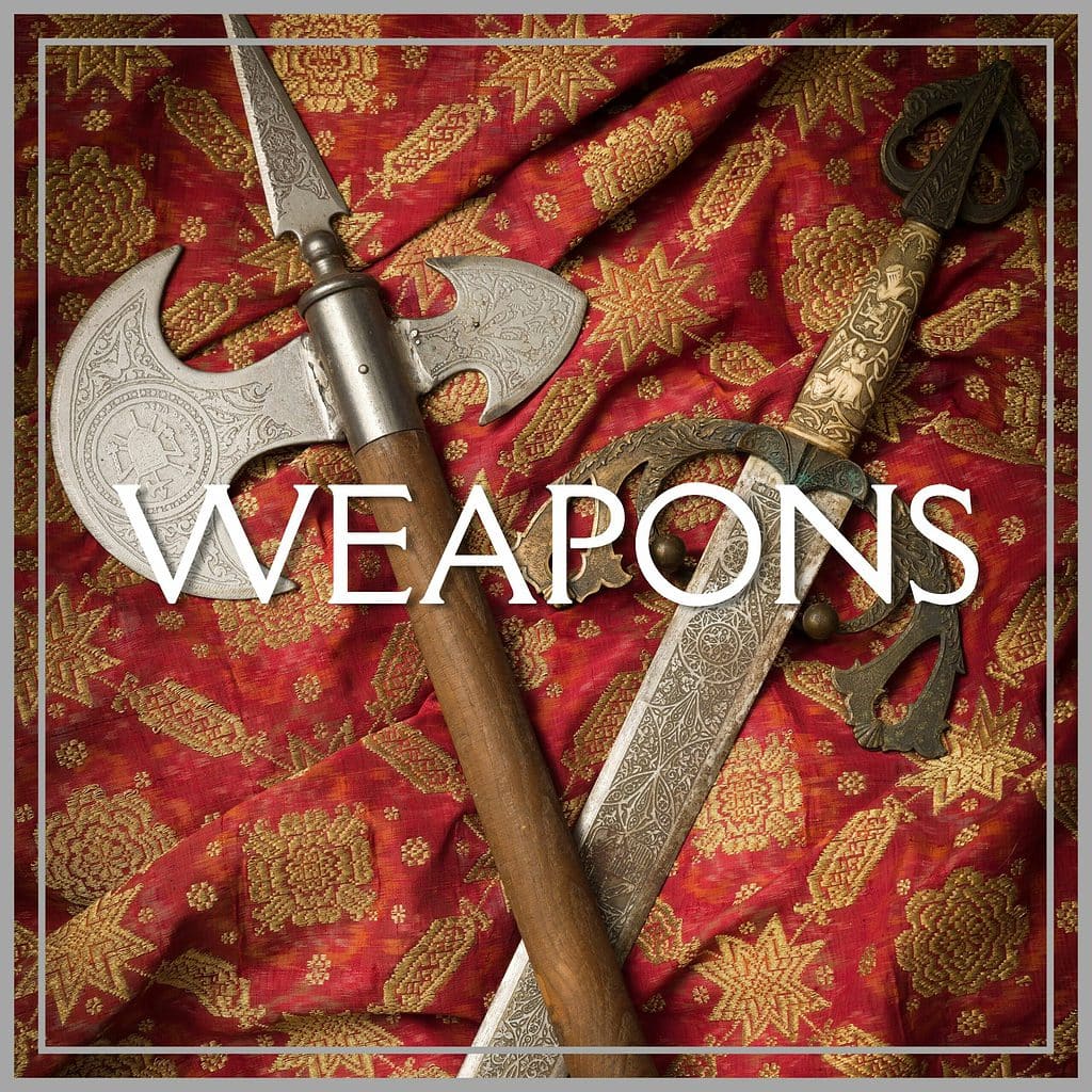 Photo of a medieval sword and battle axe on red and gold printed fabric