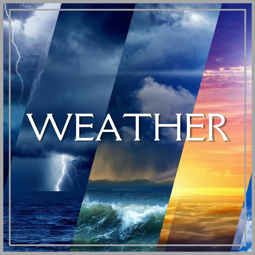 image compiling five panels representing various weather types